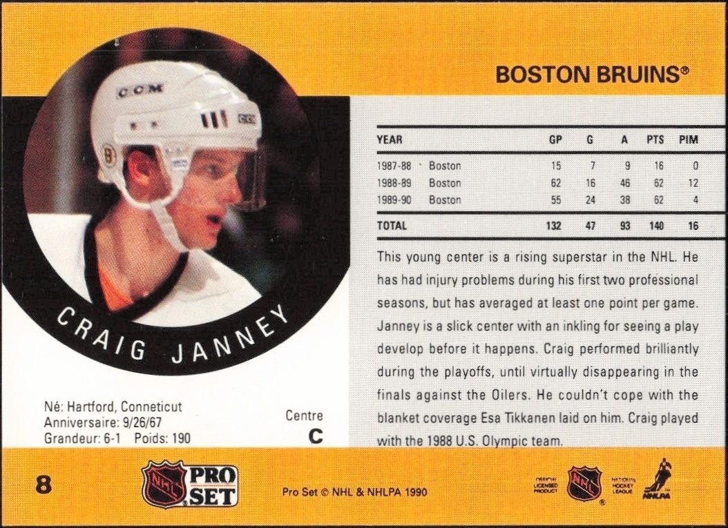 1990-91 Pro Set Craig Janney #8 hockey trading card back