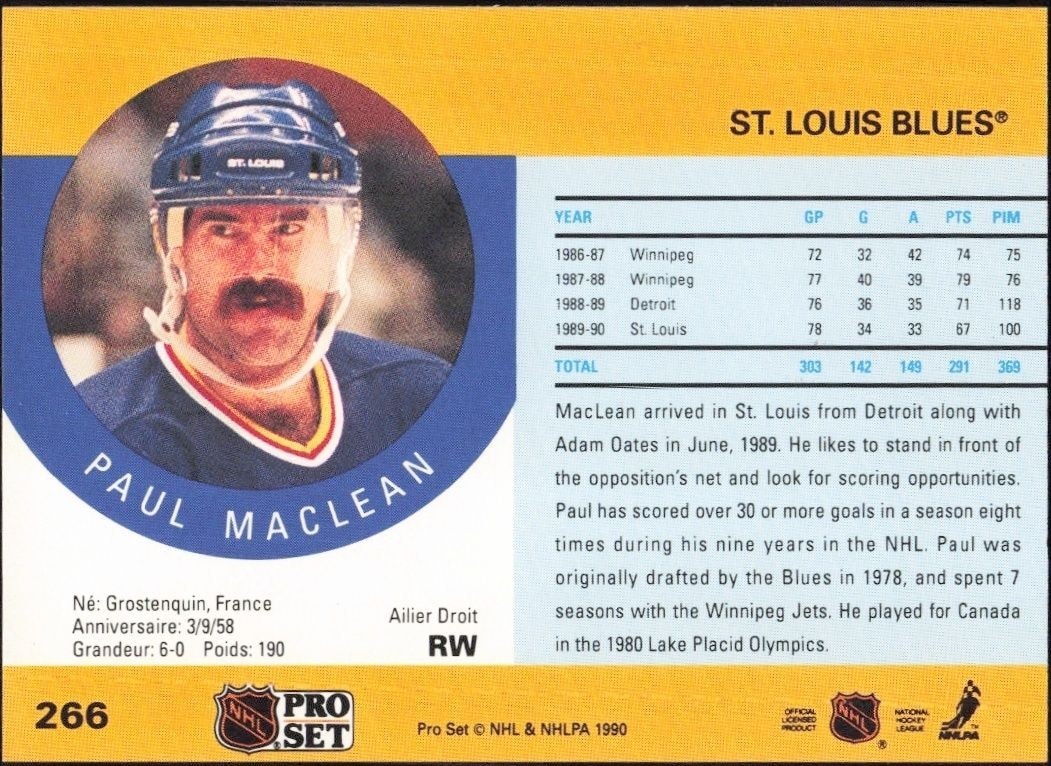 1990-91 Pro Set Paul MacLean #266 hockey trading card back