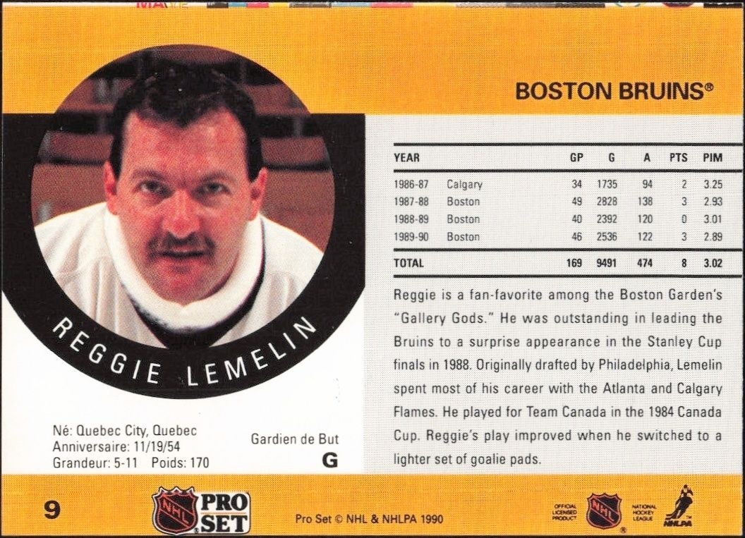 1990-91 Pro Set Reggie Lemelin #9 hockey trading card back