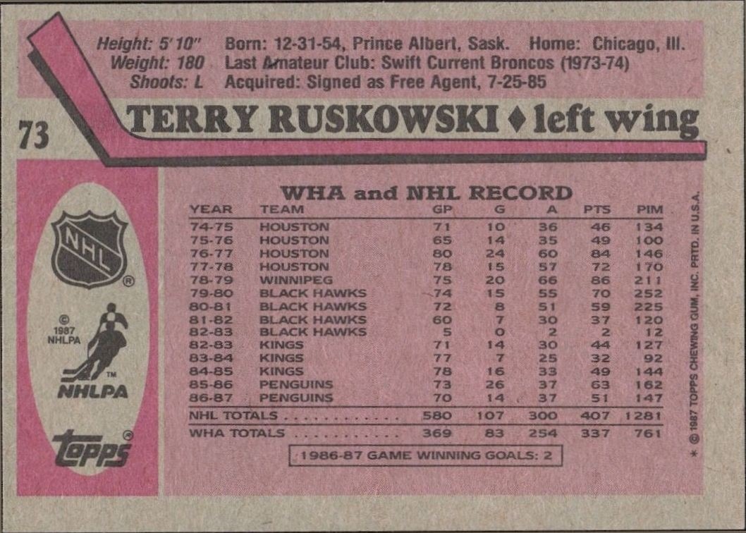1987-88 Topps Terry Ruskowski #73 hockey trading card back