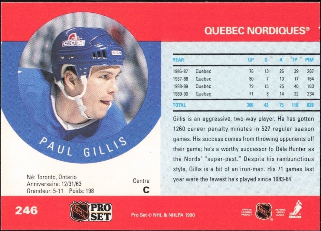 1990-91 Pro Set Paul Gillis #246B hockey trading card back