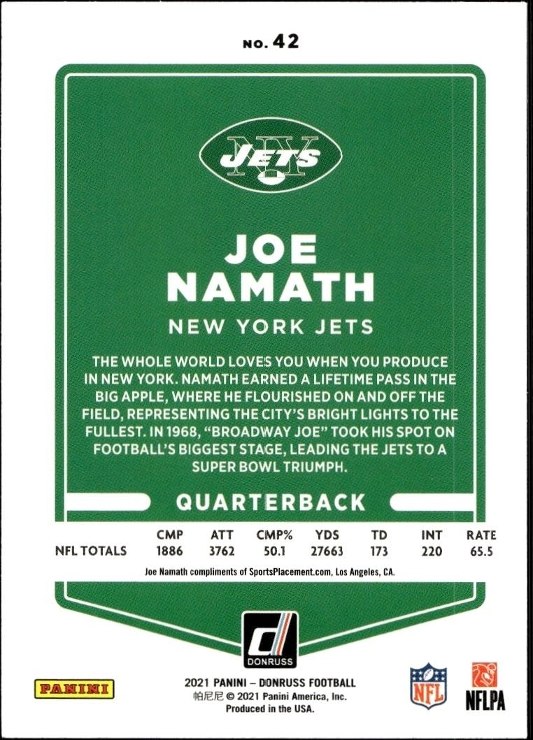 2021 Panini Donruss Joe Namath #42 football trading card back