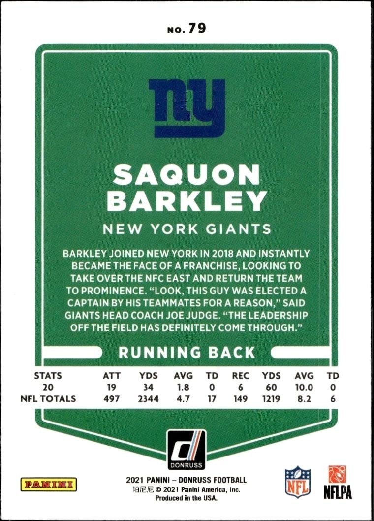 2021 Panini Donruss Saquon Barkley #79 football trading card back
