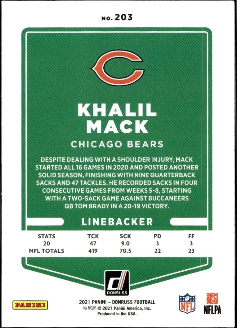 2021 Panini Donruss Khalil Mack #203 football trading card back