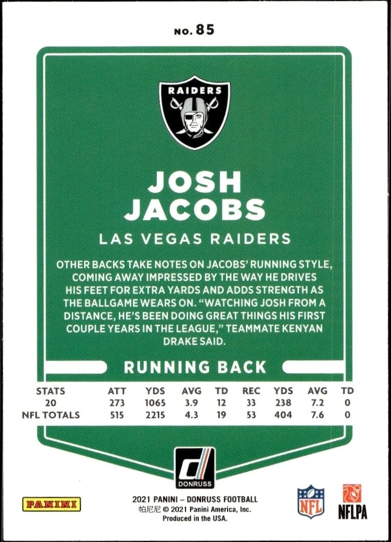 2021 Panini Donruss Josh Jacobs #85 football trading card back