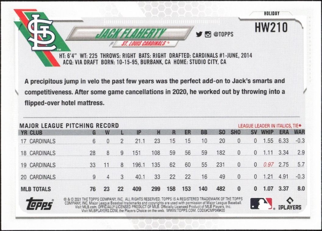 2021 Topps Holiday Jack Flaherty #HW210 baseball trading card back
