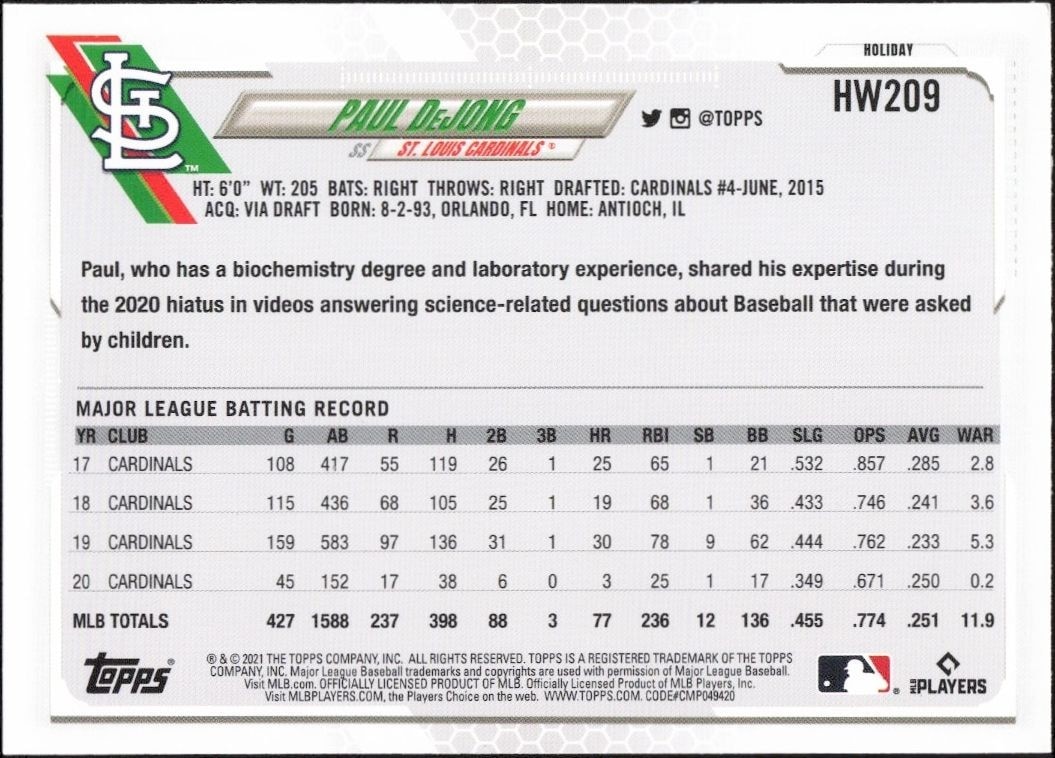 2021 Topps Holiday Paul DeJong #HW209 baseball trading card back
