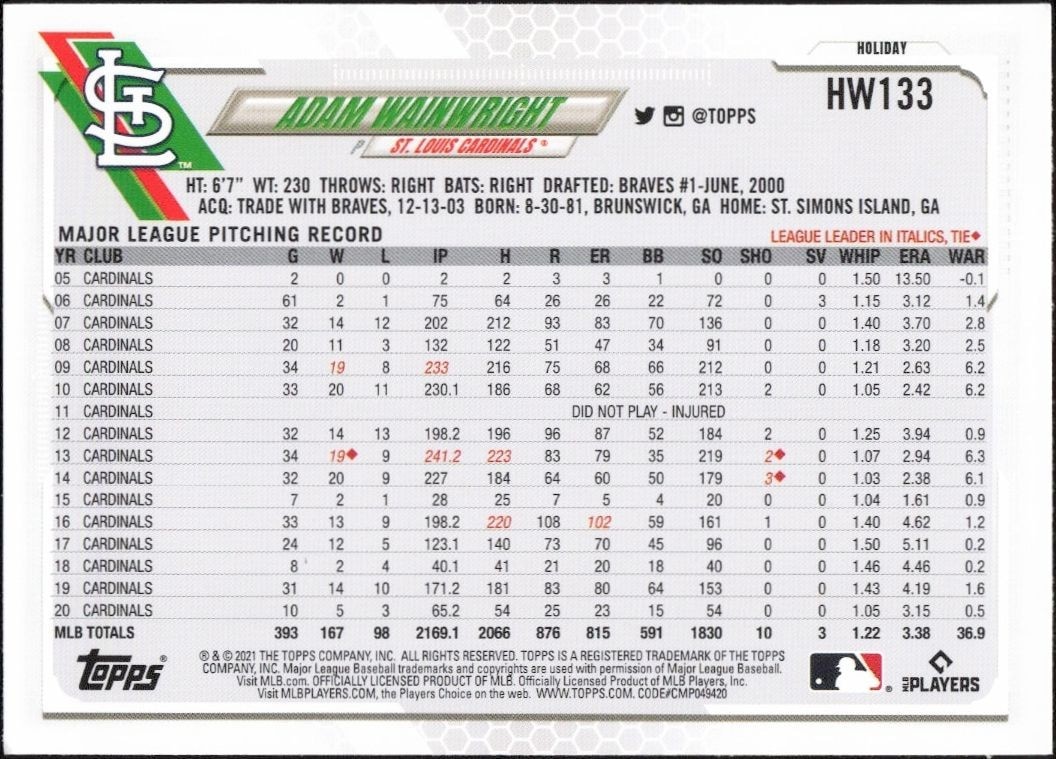 2021 Topps Holiday Adam Wainwright #HW133 baseball trading card back