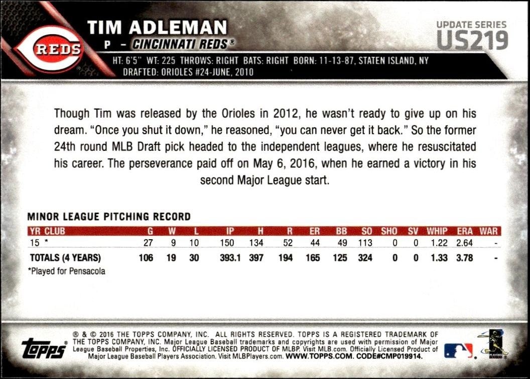 2016 Topps Update Series Tim Adleman #US219 baseball trading card back