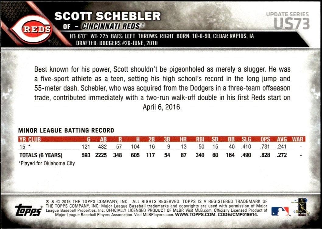 2016 Topps Update Series Scott Schebler #US73 baseball trading card back