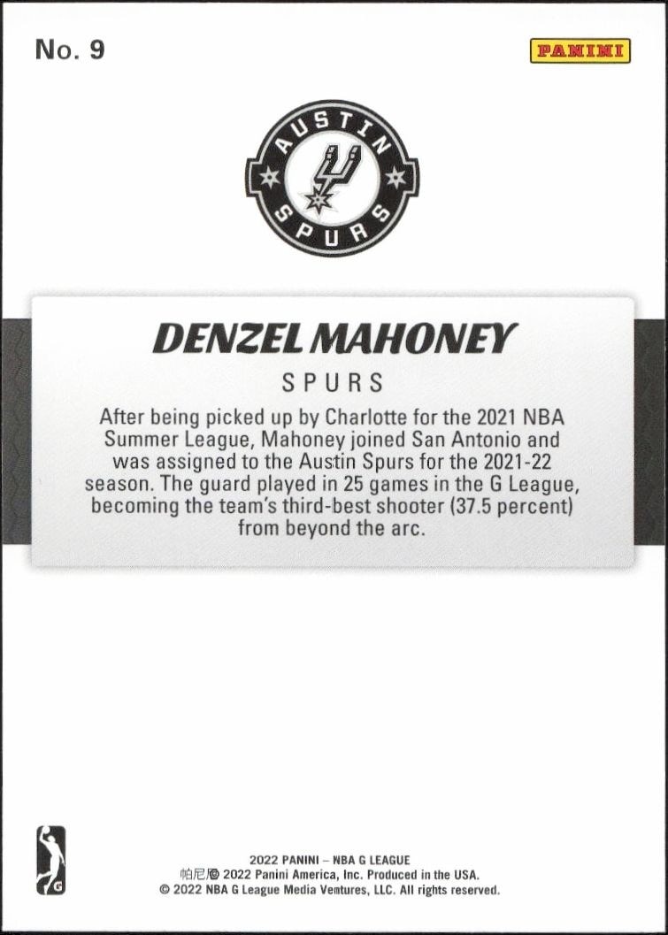 2021-22 Panini NBA G League Denzel Mahoney #9 basketball trading card back