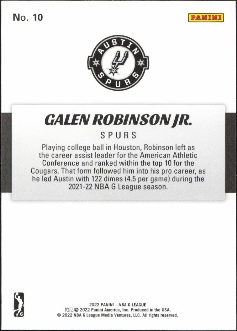 2021-22 Panini NBA G League Galen Robinson Jr. #10 basketball trading card back