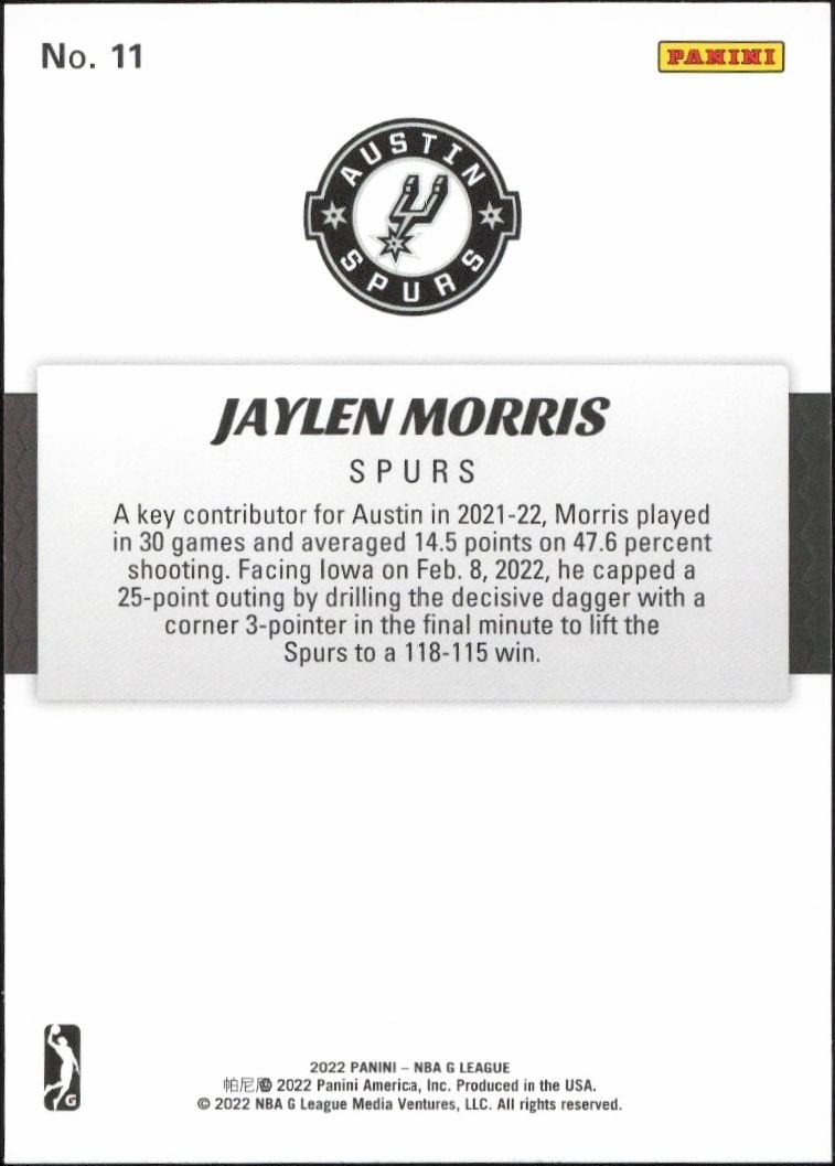 2021-22 Panini NBA G League Jaylen Morris #11 basketball trading card back