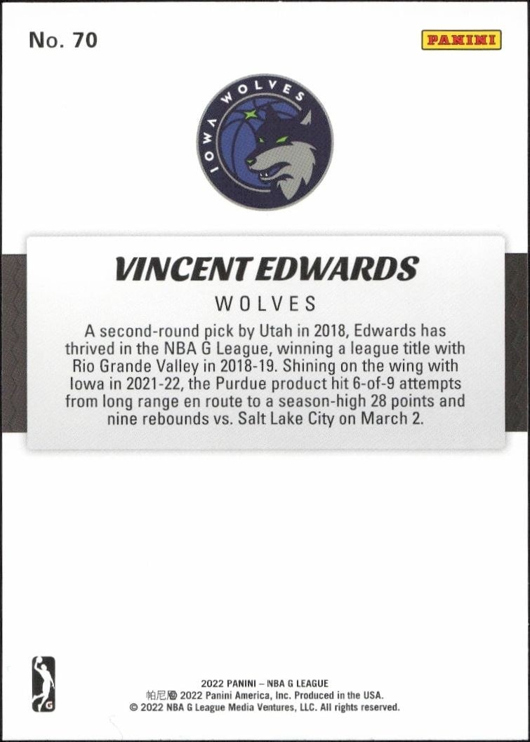 2021-22 Panini NBA G League Vincent Edwards #70 basketball trading card back