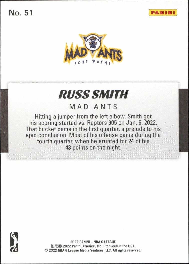 2021-22 Panini NBA G League Russ Smith #51 basketball trading card back