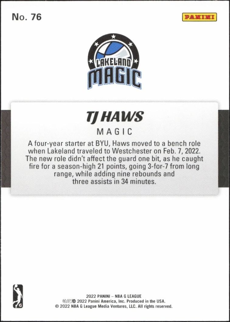 2021-22 Panini NBA G League TJ Haws #76 basketball trading card back