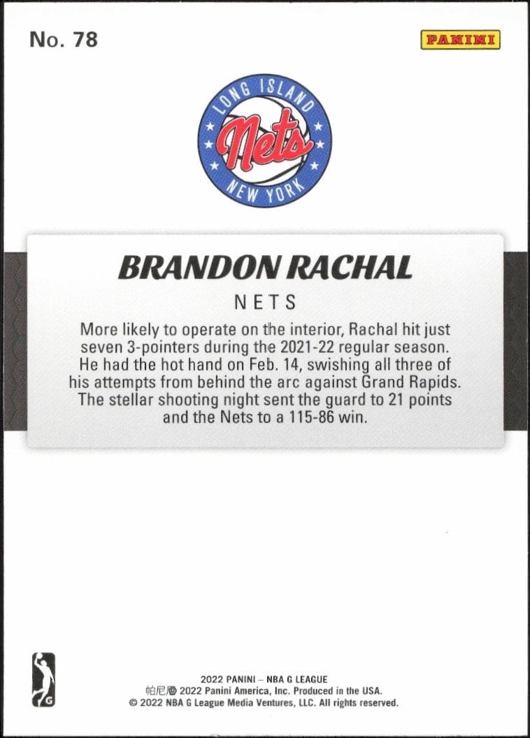 2021-22 Panini NBA G League Brandon Rachal #78 basketball trading card back