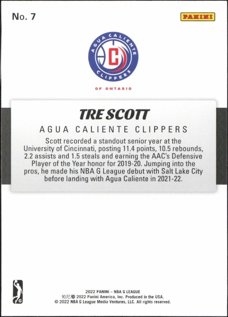 2021-22 Panini NBA G League Tre Scott #7 basketball trading card back