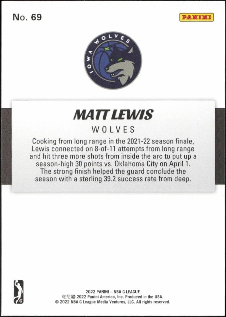 2021-22 Panini NBA G League Matt Lewis #69 basketball trading card back