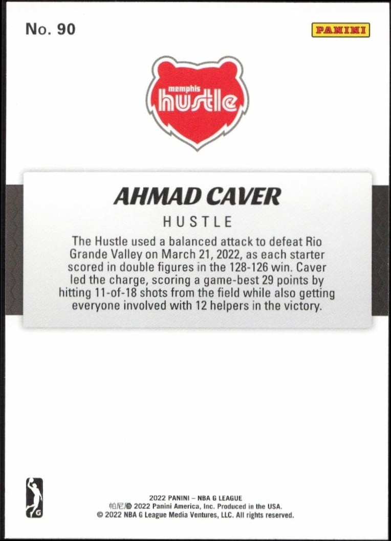 2021-22 Panini NBA G League Ahmad Caver #90 basketball trading card back