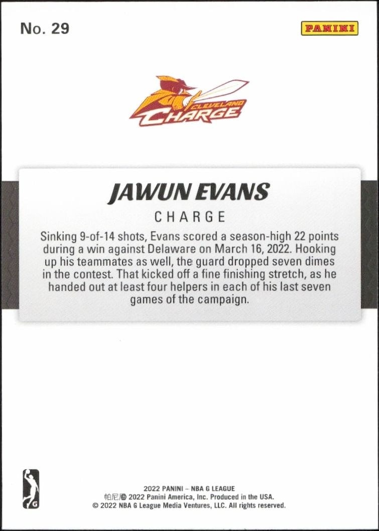 2021-22 Panini NBA G League Jawun Evans #29 basketball trading card back