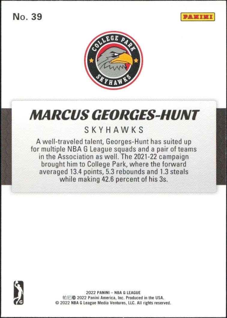 2021-22 Panini NBA G League Marcus Georges-Hunt #39 basketball trading card back