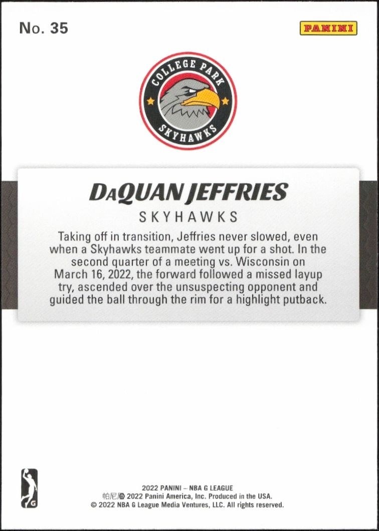 2021-22 Panini NBA G League Daquan Jeffries #35 basketball trading card back