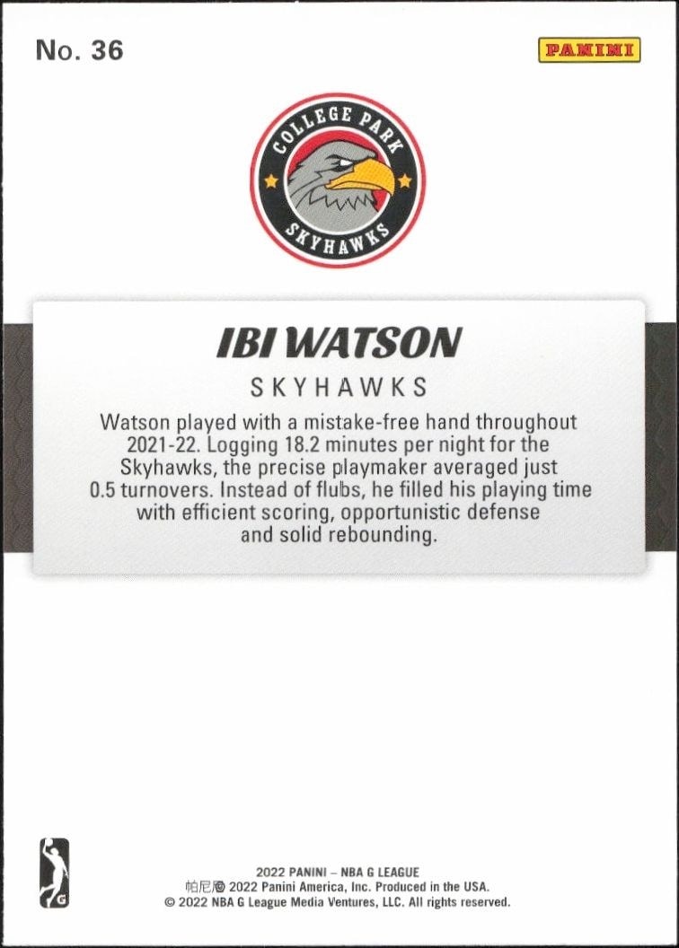 2021-22 Panini NBA G League Ibi Watson #36 basketball trading card back
