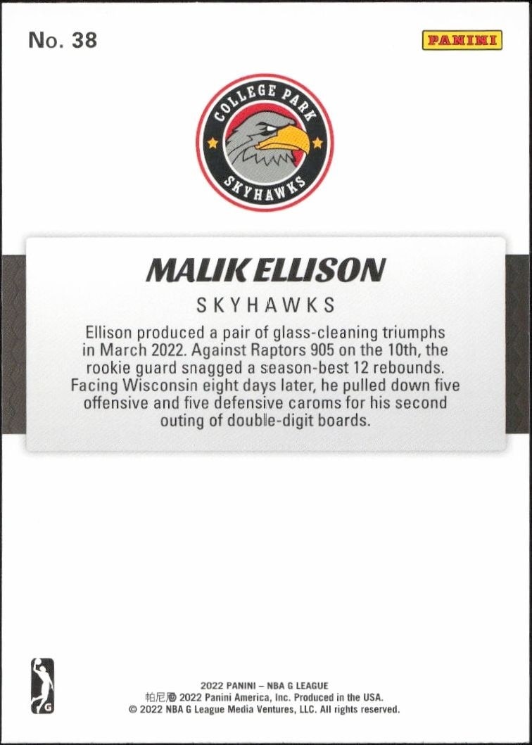 2021-22 Panini NBA G League Malik Ellison #38 basketball trading card back