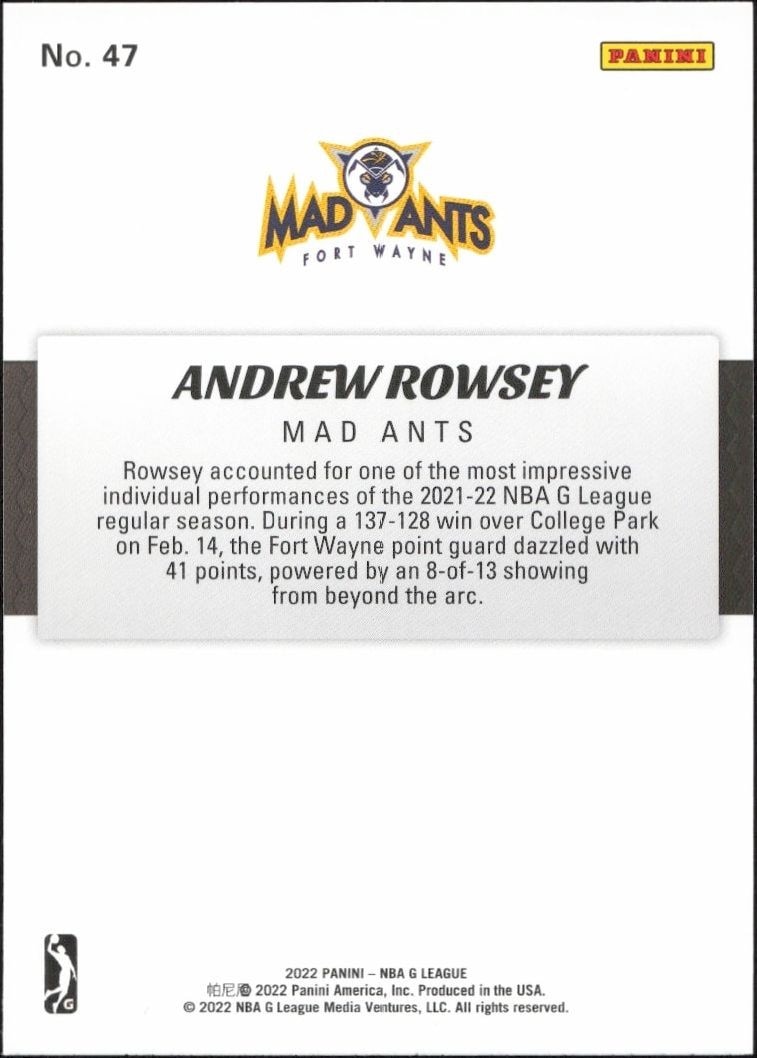 2021-22 Panini NBA G League Andrew Rowsey #47 basketball trading card back