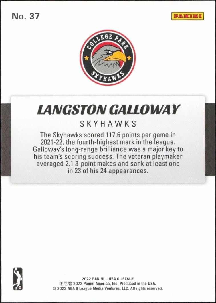 2021-22 Panini NBA G League Langston Galloway #37 basketball trading card back