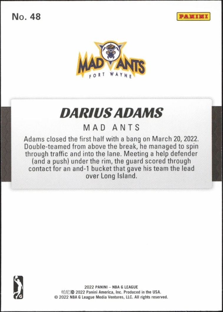 2021-22 Panini NBA G League Darius Adams #48 basketball trading card back
