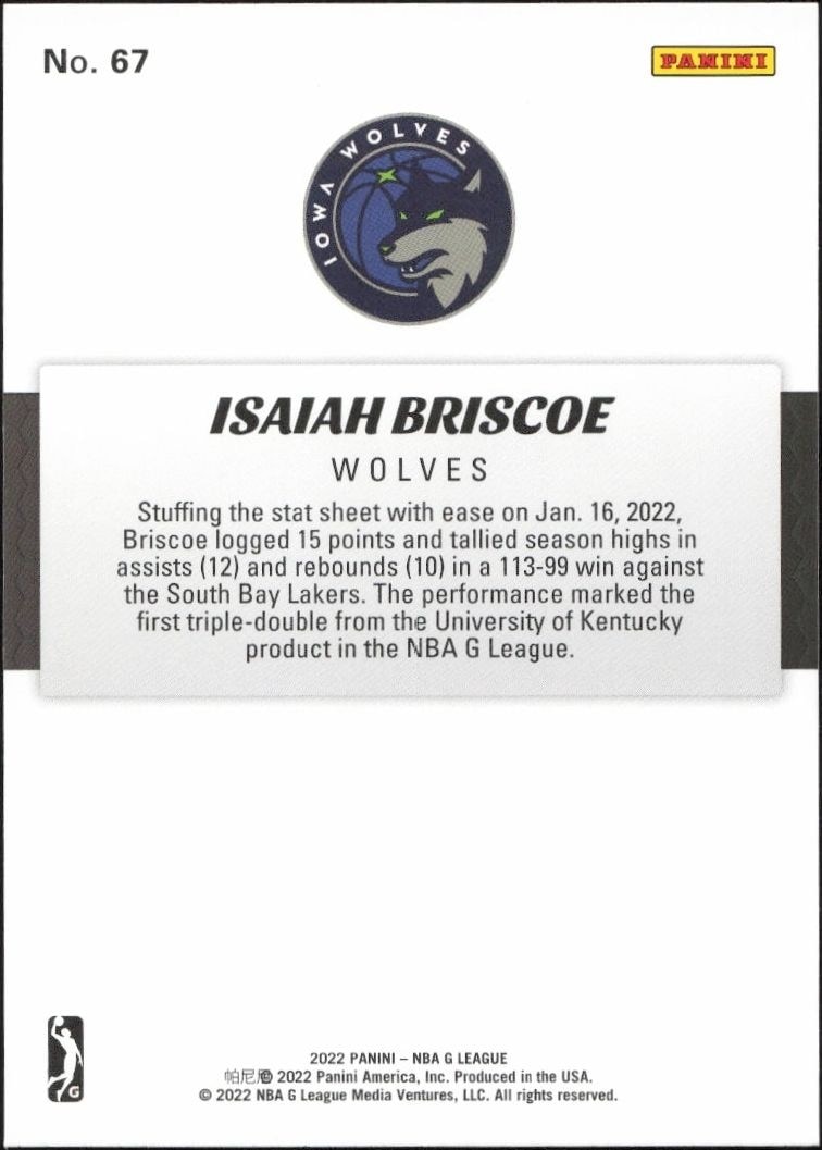 2021-22 Panini NBA G League Isaiah Briscoe #67 basketball trading card back