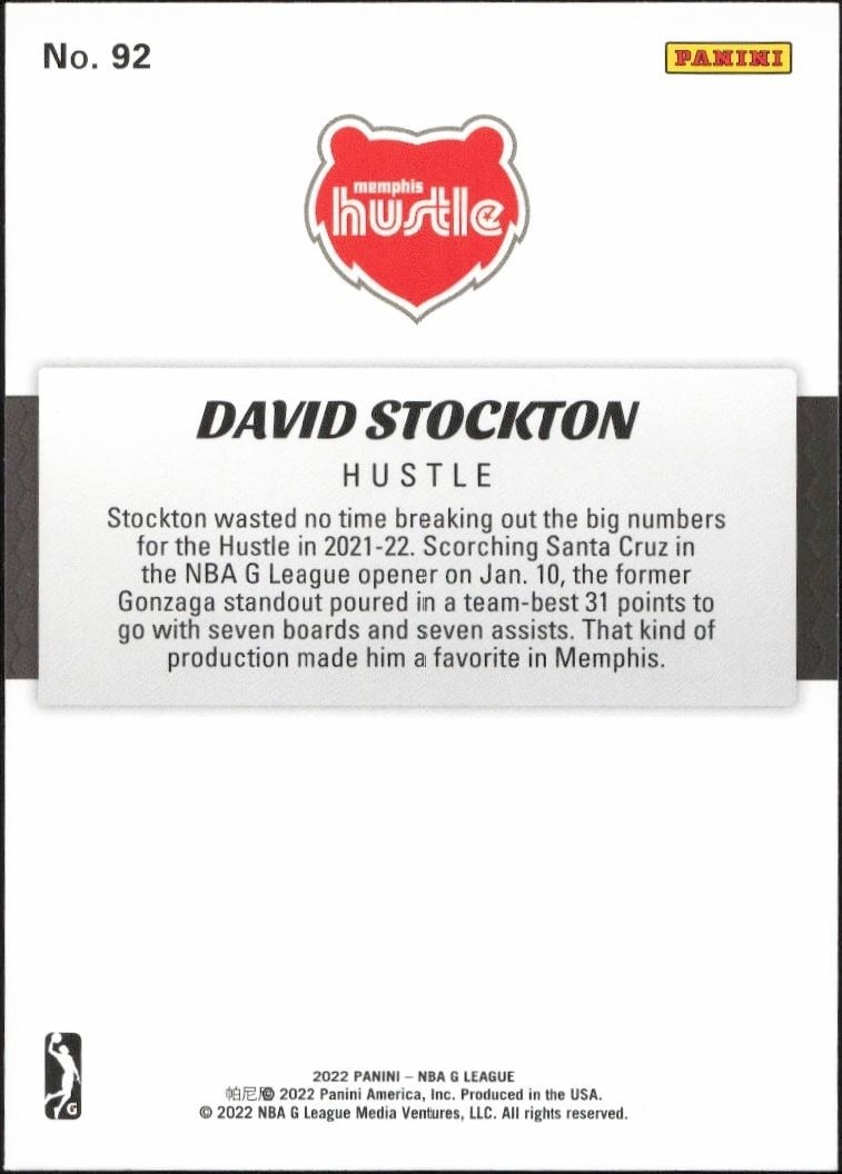 2021-22 Panini NBA G League David Stockton #92 basketball trading card back