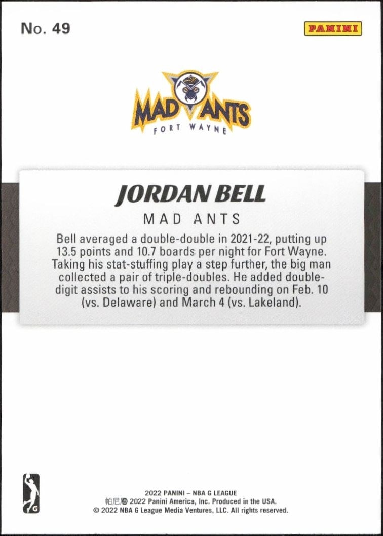 2021-22 Panini NBA G League Jordan Bell #49 basketball trading card back