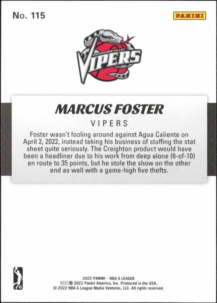 2021-22 Panini NBA G League Marcus Foster #115 basketball trading card back