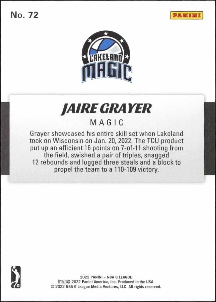 2021-22 Panini NBA G League Jaire Grayer #72 basketball trading card back