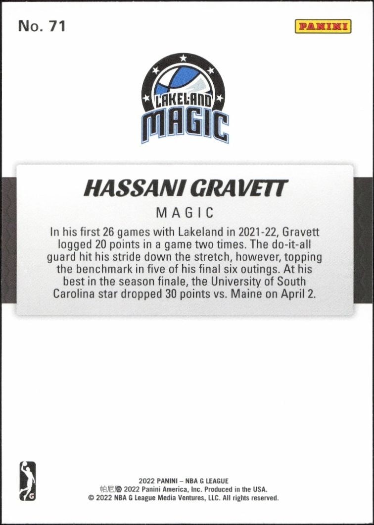 2021-22 Panini NBA G League Hassani Gravett #71 basketball trading card back