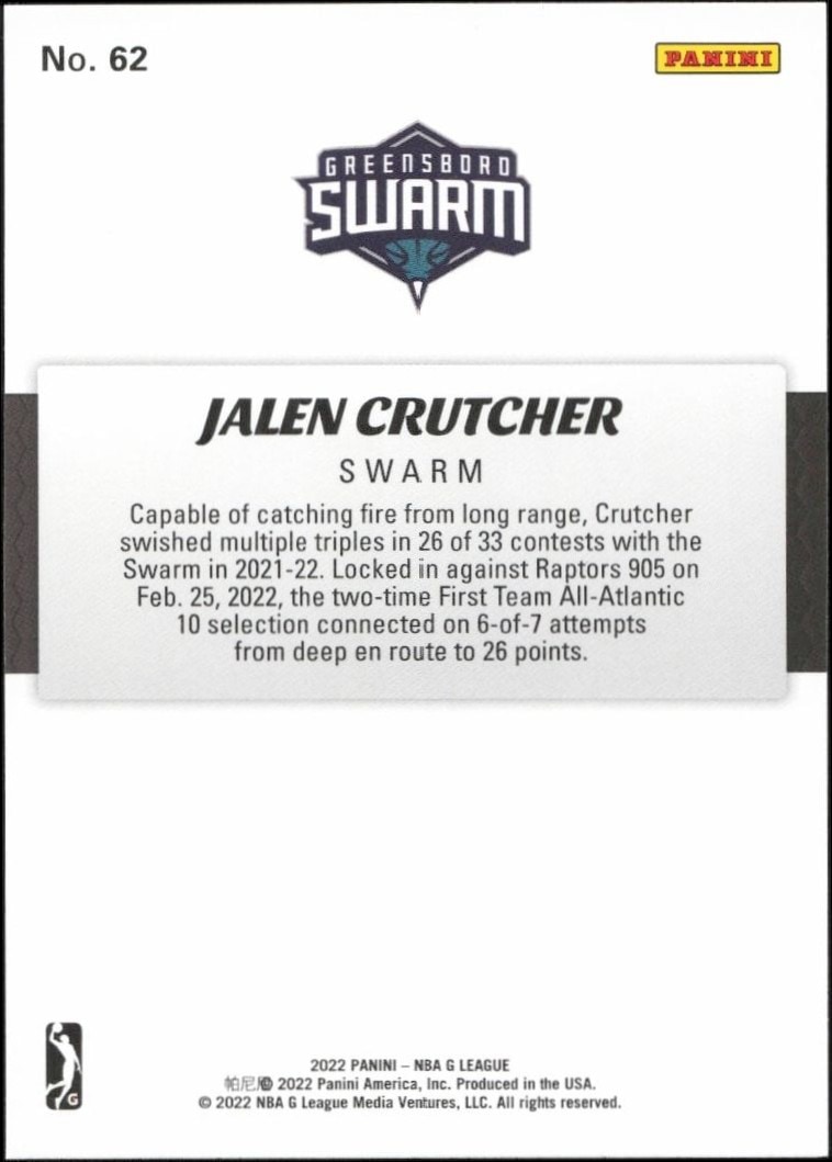 2021-22 Panini NBA G League Jalen Crutcher #62 basketball trading card back