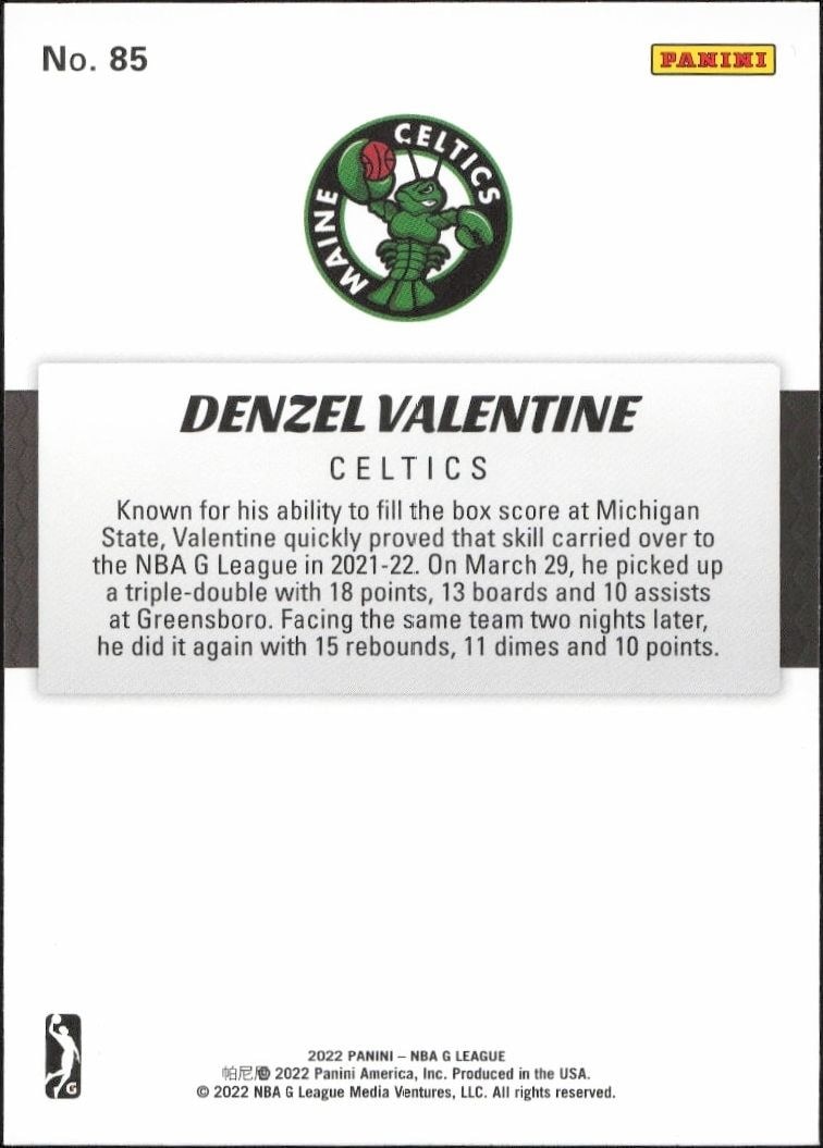 2021-22 Panini NBA G League Denzel Valentine #85 basketball trading card back