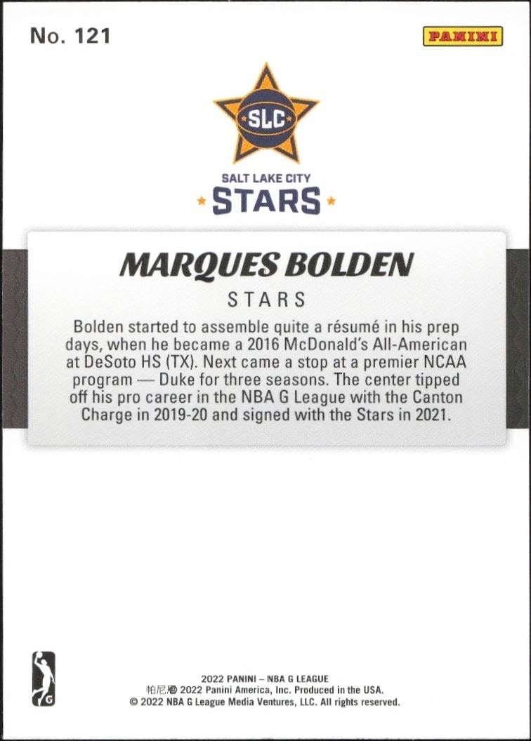 2021-22 Panini NBA G League Marques Bolden #121 basketball trading card back