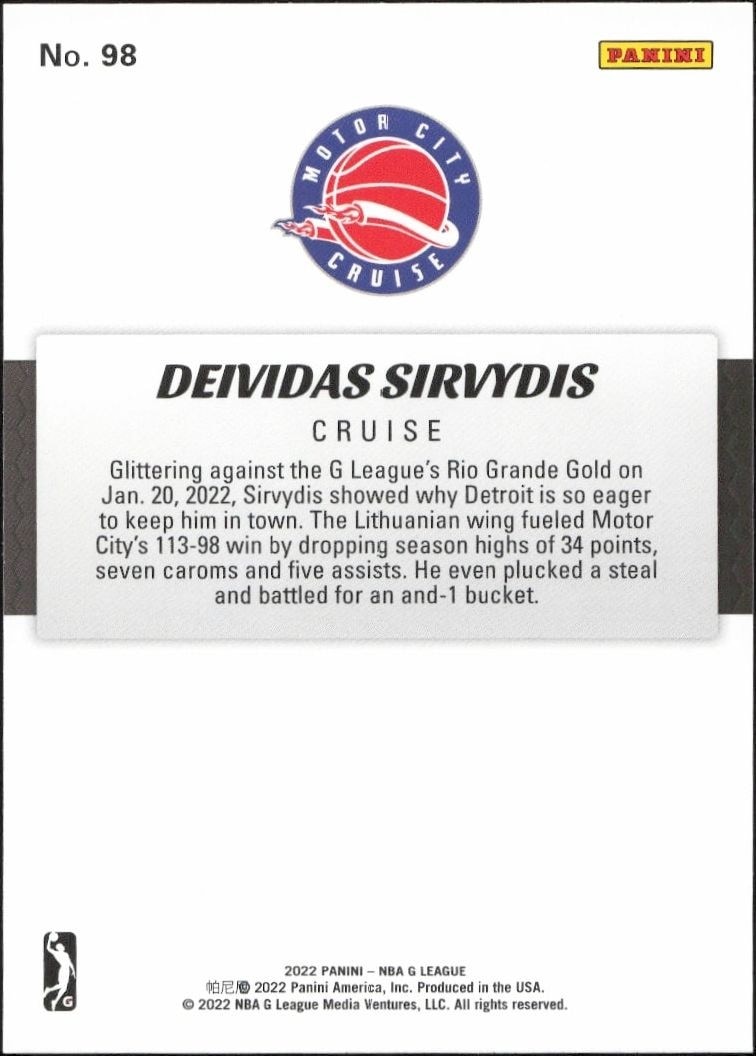 2021-22 Panini NBA G League Deividas Sirvydis #98 basketball trading card back