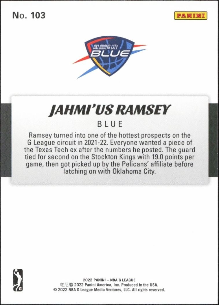 2021-22 Panini NBA G League Jahmi’us Ramsey #103 basketball trading card back