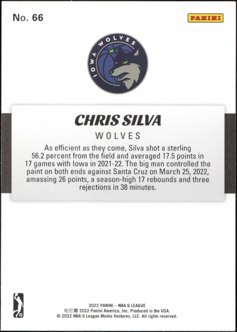 2021-22 Panini NBA G League Chris Silva #66 basketball trading card back