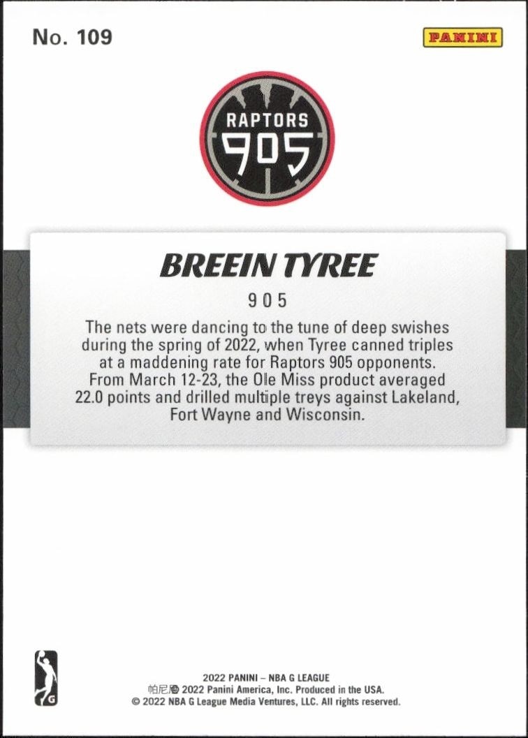 2021-22 Panini NBA G League Breein Tyree #109 basketball trading card back
