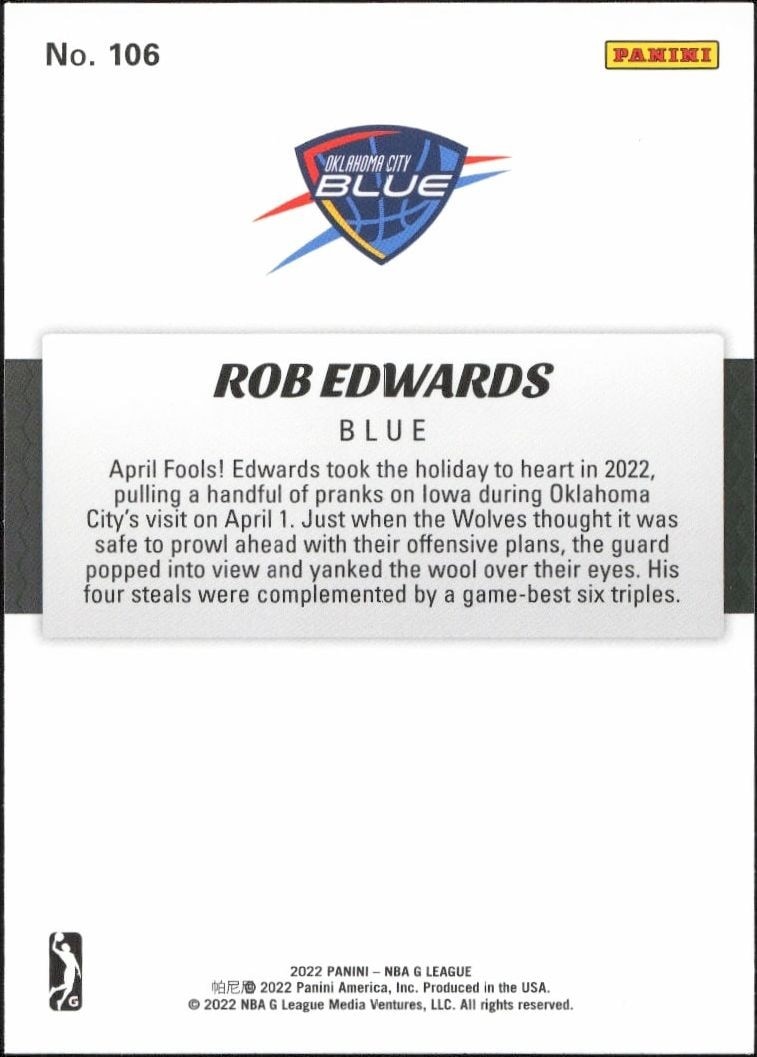 2021-22 Panini NBA G League Rob Edwards #106 basketball trading card back