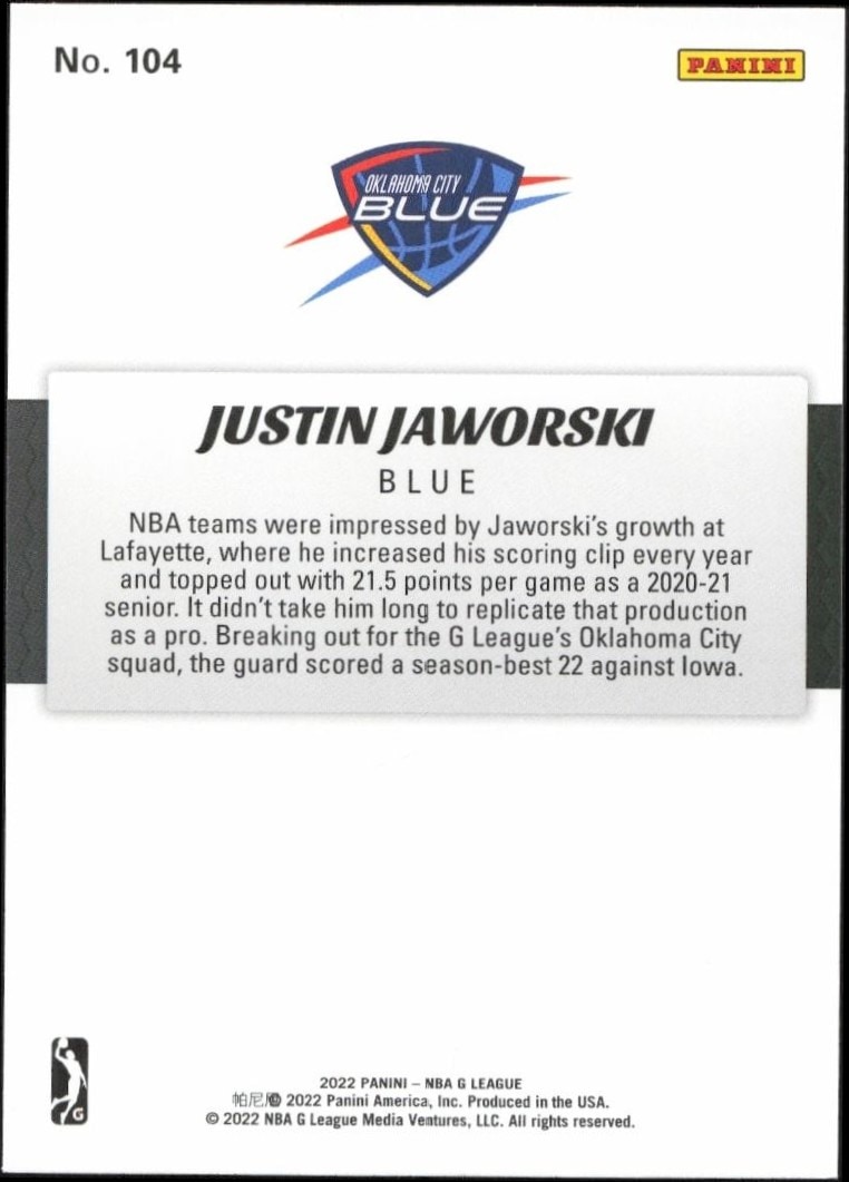 2021-22 Panini NBA G League Justin Jaworski #104 basketball trading card back