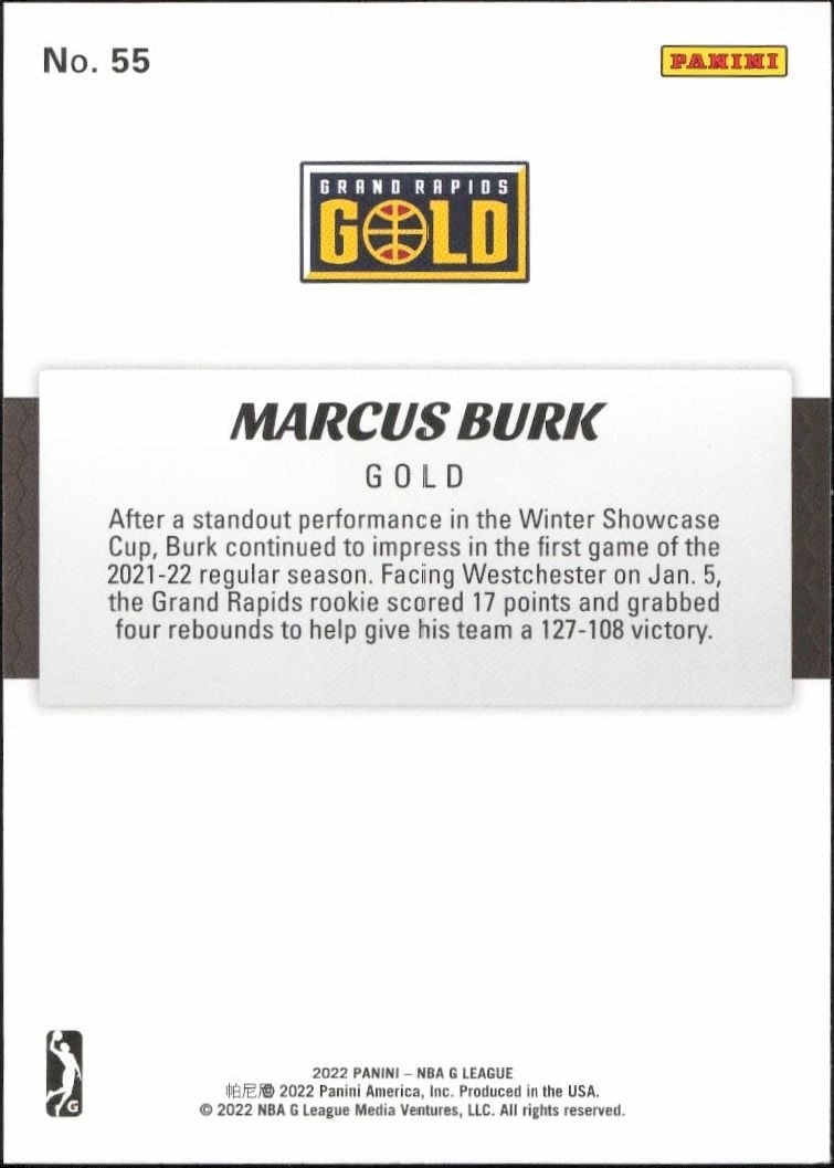 2021-22 Panini NBA G League Marcus Burk #55 basketball trading card back
