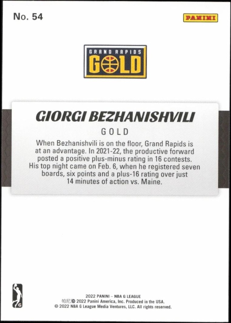 2021-22 Panini NBA G League Giorgi Bezhanishvili #54 basketball trading card back