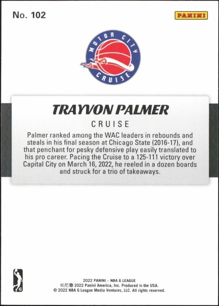 2021-22 Panini NBA G League Trayvon Palmer #102 basketball trading card back